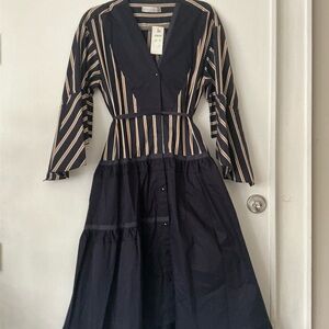Black Striped Panel Long-Sleeve Midi Dress